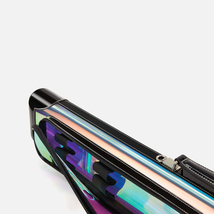 Transparent, multi-colored glossy striped cue case on a white background