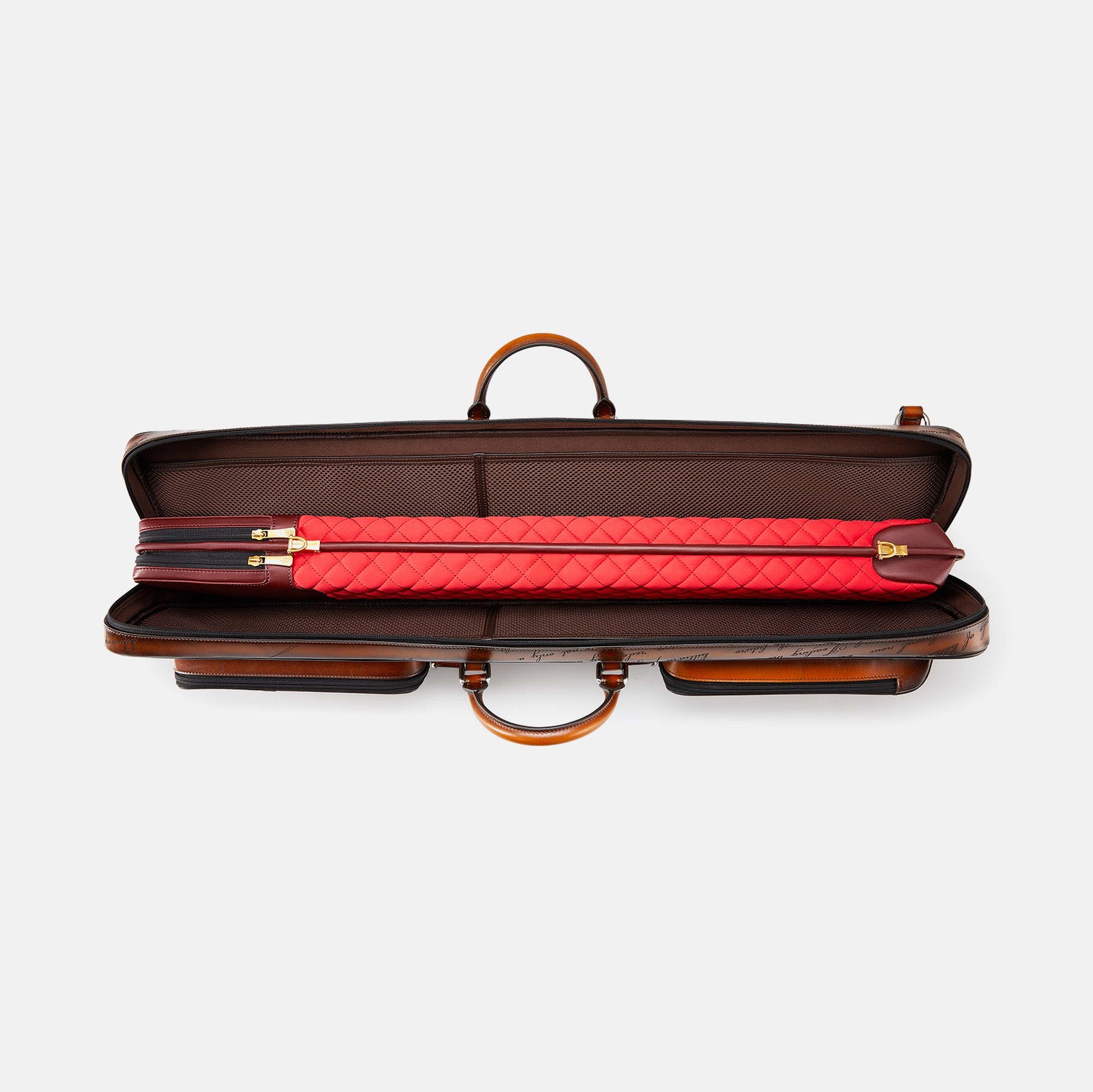 A red inner bag placed in a brown billiard cue case