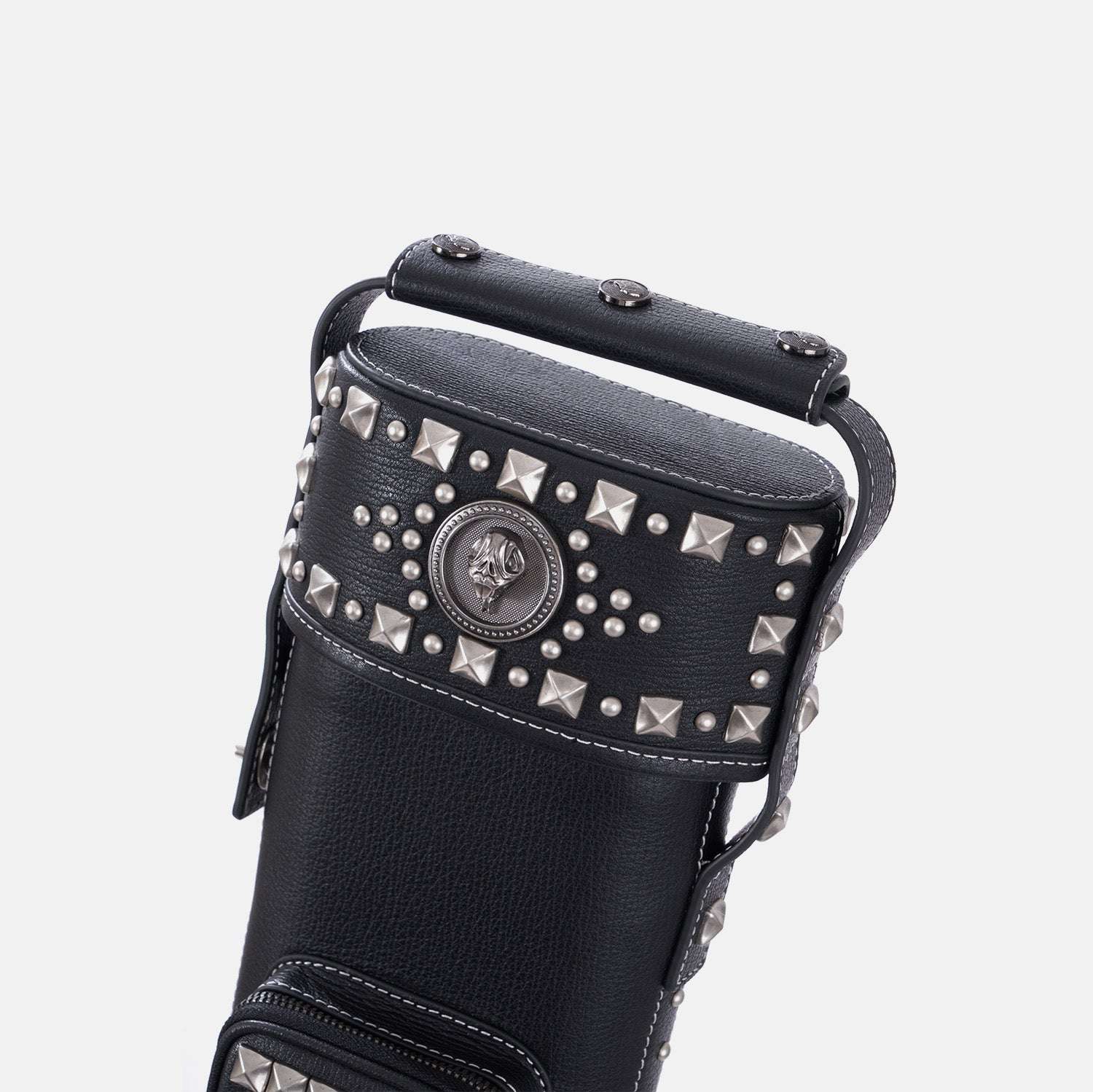 Black leather cue case featuring intricate gold stud geometric patterns and a vintage design, vertical front view.