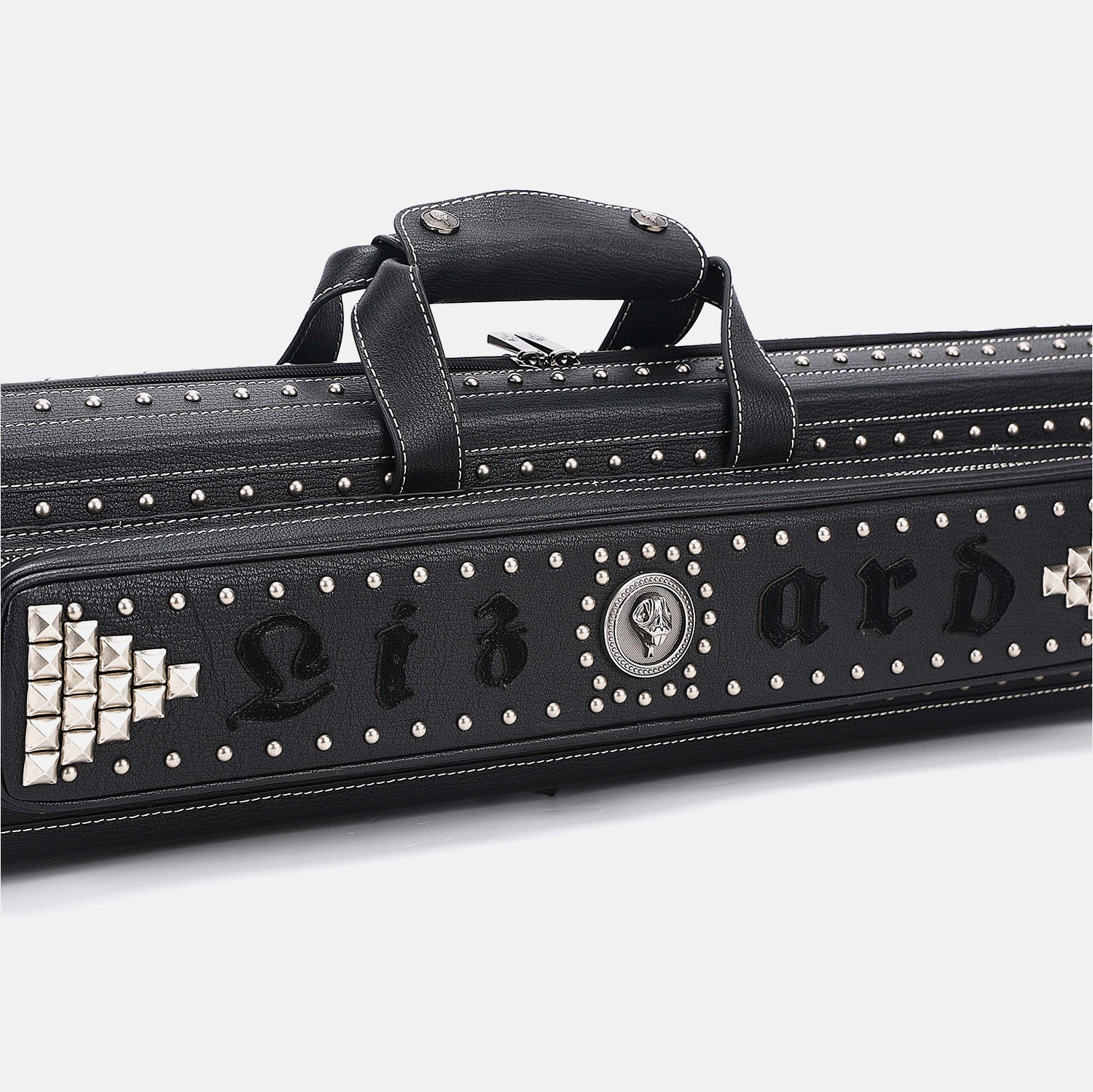 Black studded cue case with 'Lizard' branding on a white background
