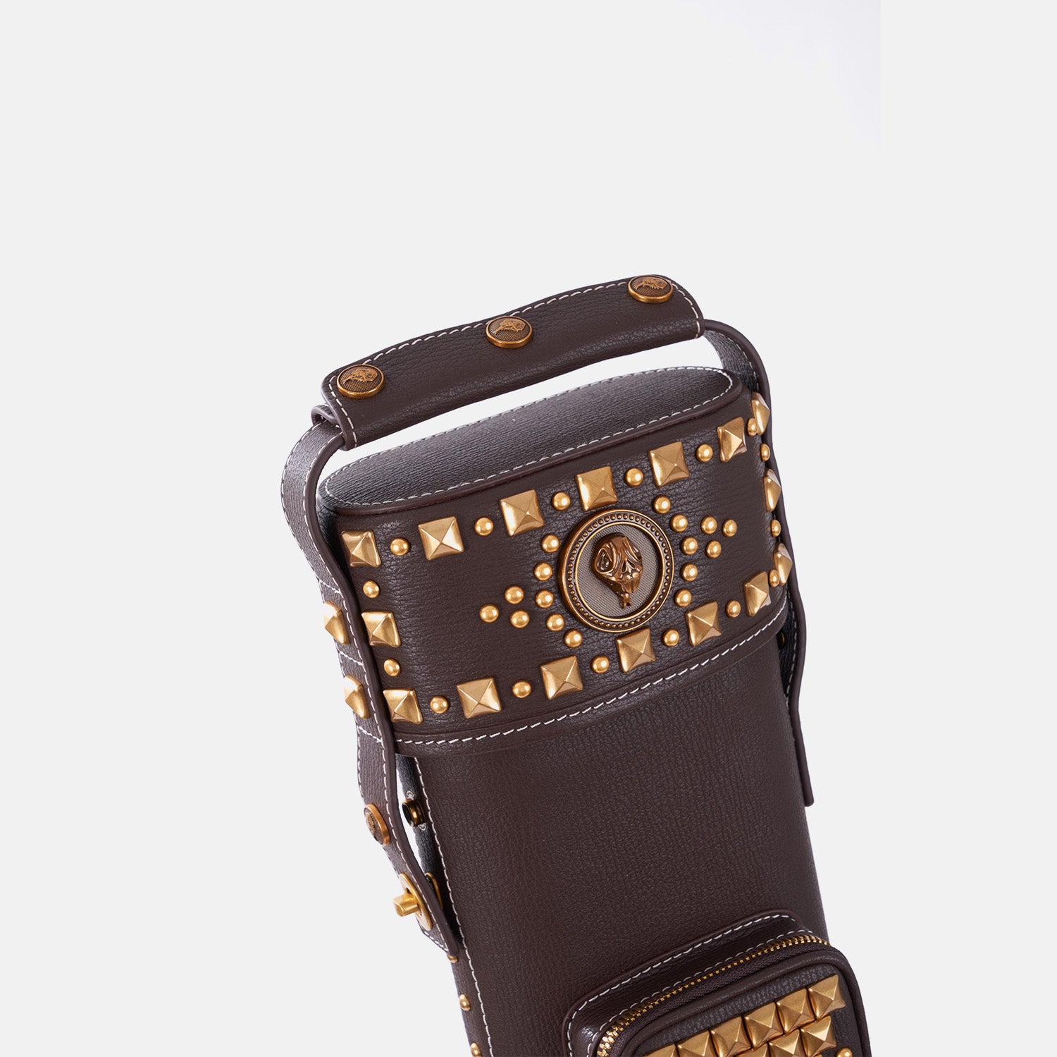 Dark brown leather cue case featuring intricate gold stud geometric patterns and a vintage design, vertical front view.