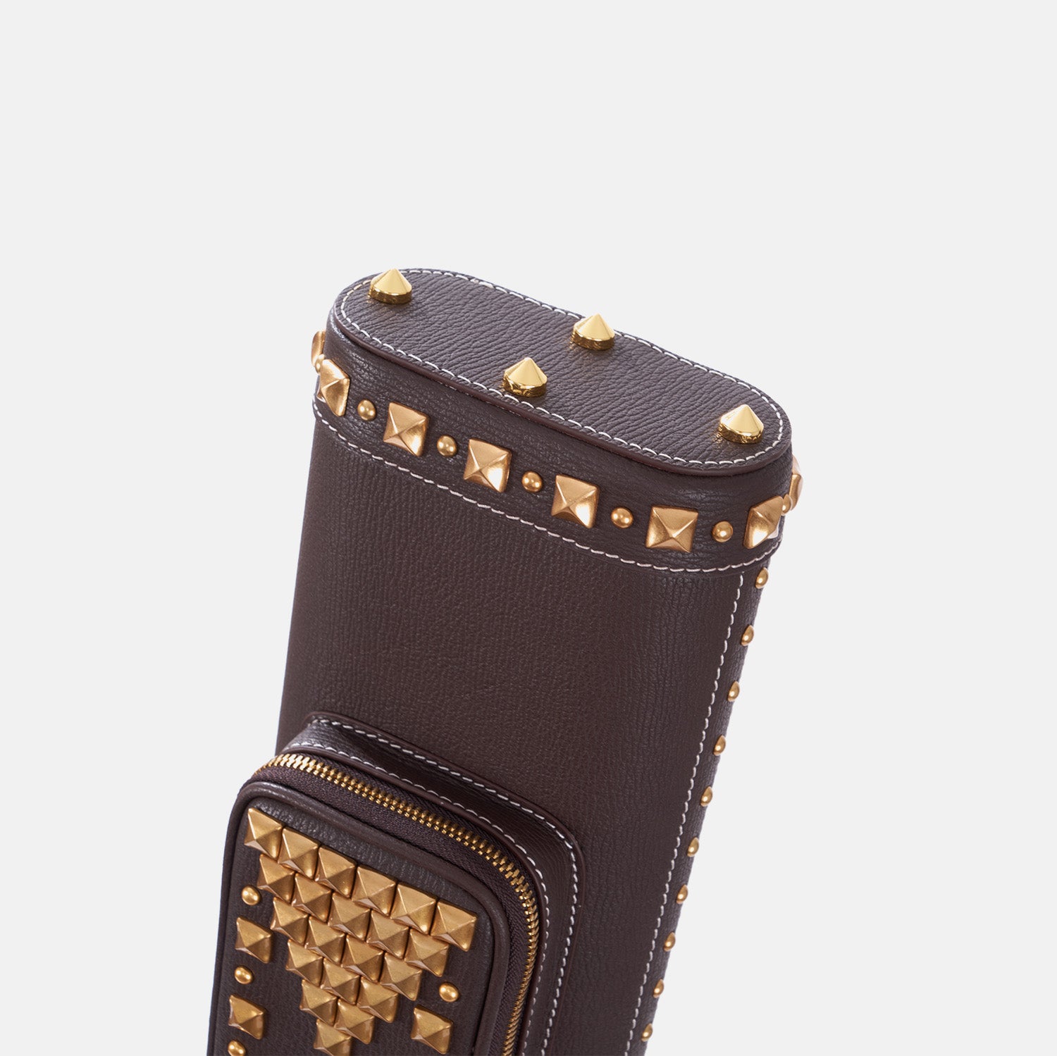 Dark brown leather cue case featuring intricate gold stud geometric patterns and a vintage design, vertical front view.