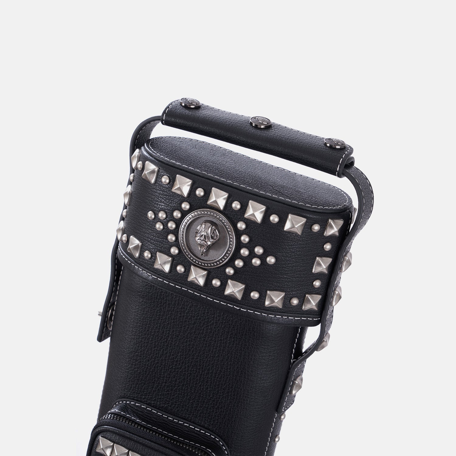 Black leather cue case featuring intricate gold stud geometric patterns and a vintage design, vertical front view.