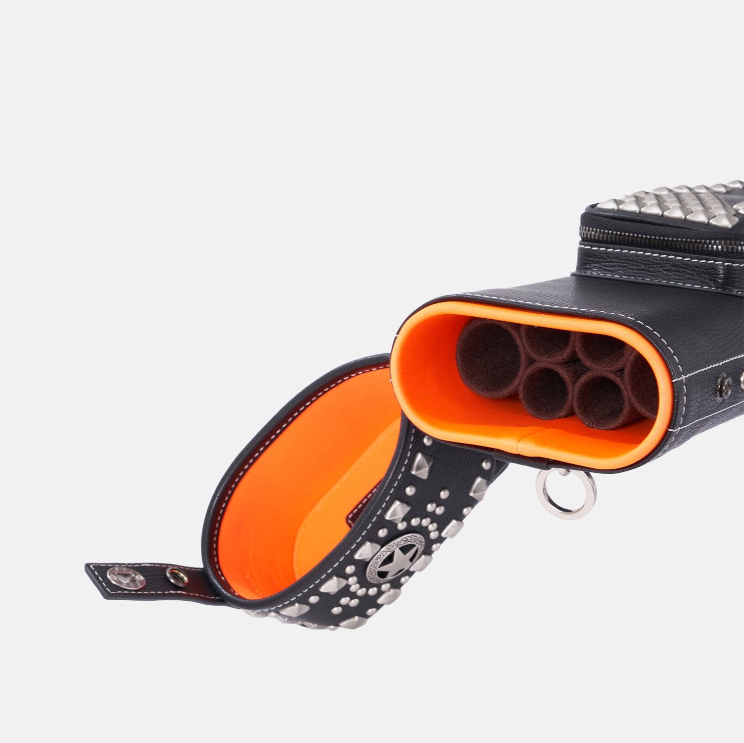 Black and orange cue case case with studded details on a white background