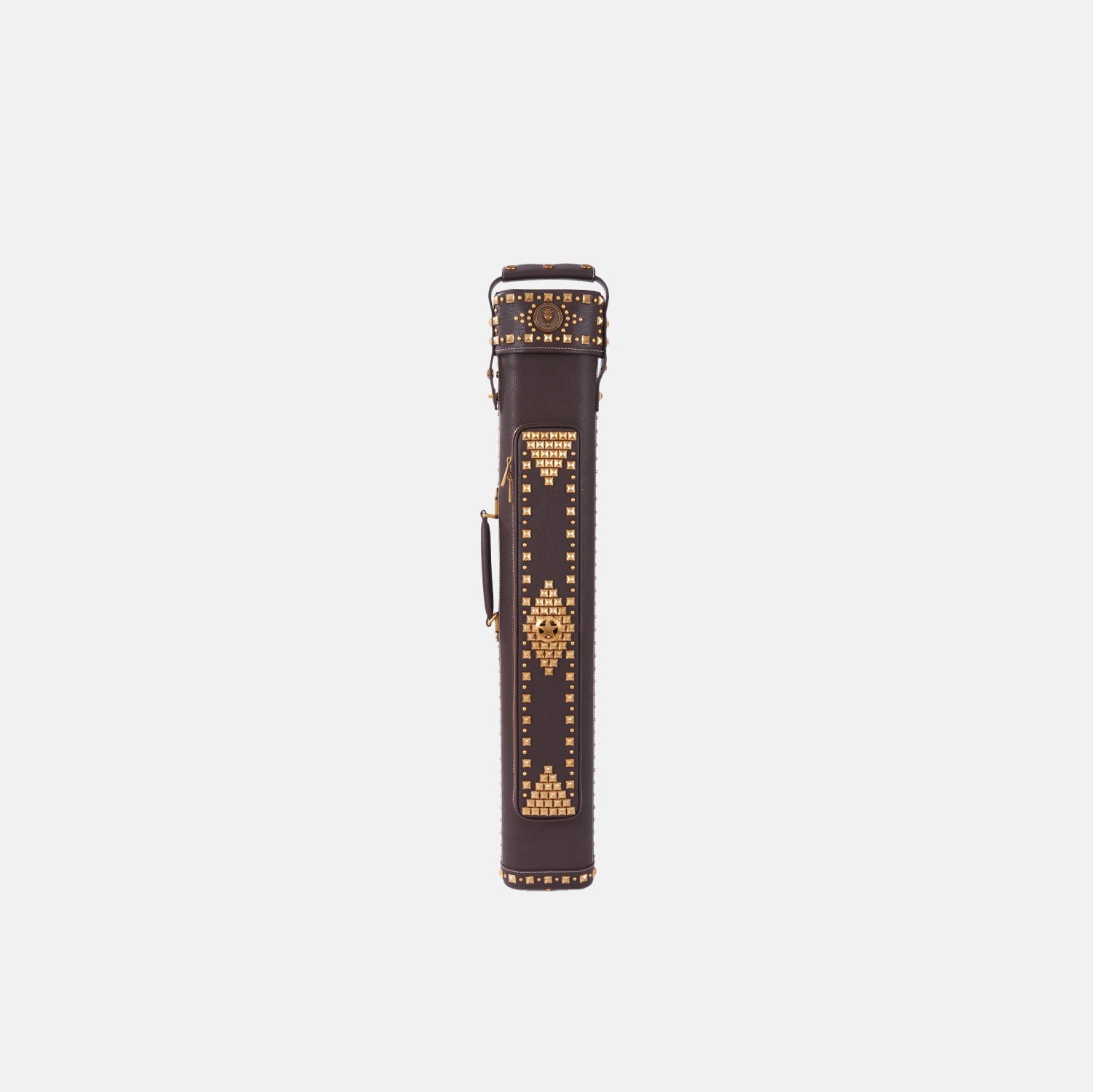 Dark brown leather cue case featuring intricate gold stud geometric patterns and a vintage design, vertical front view.