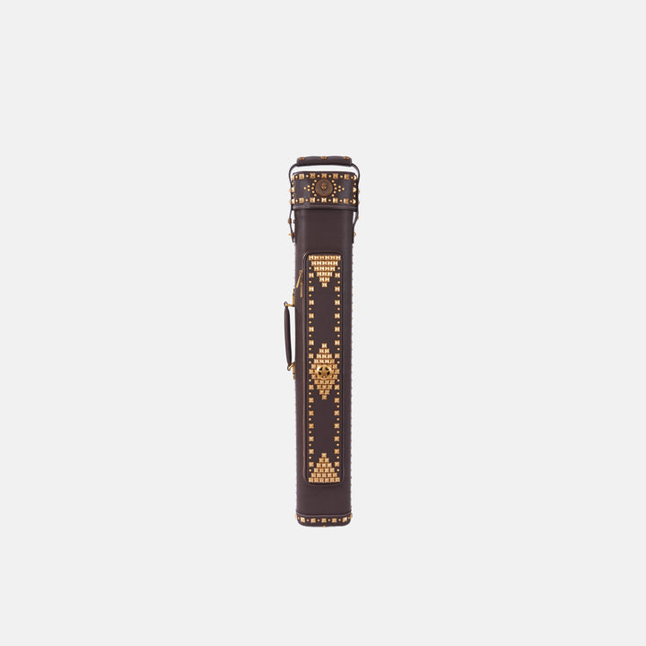 Dark brown leather cue case featuring intricate gold stud geometric patterns and a vintage design, vertical front view.