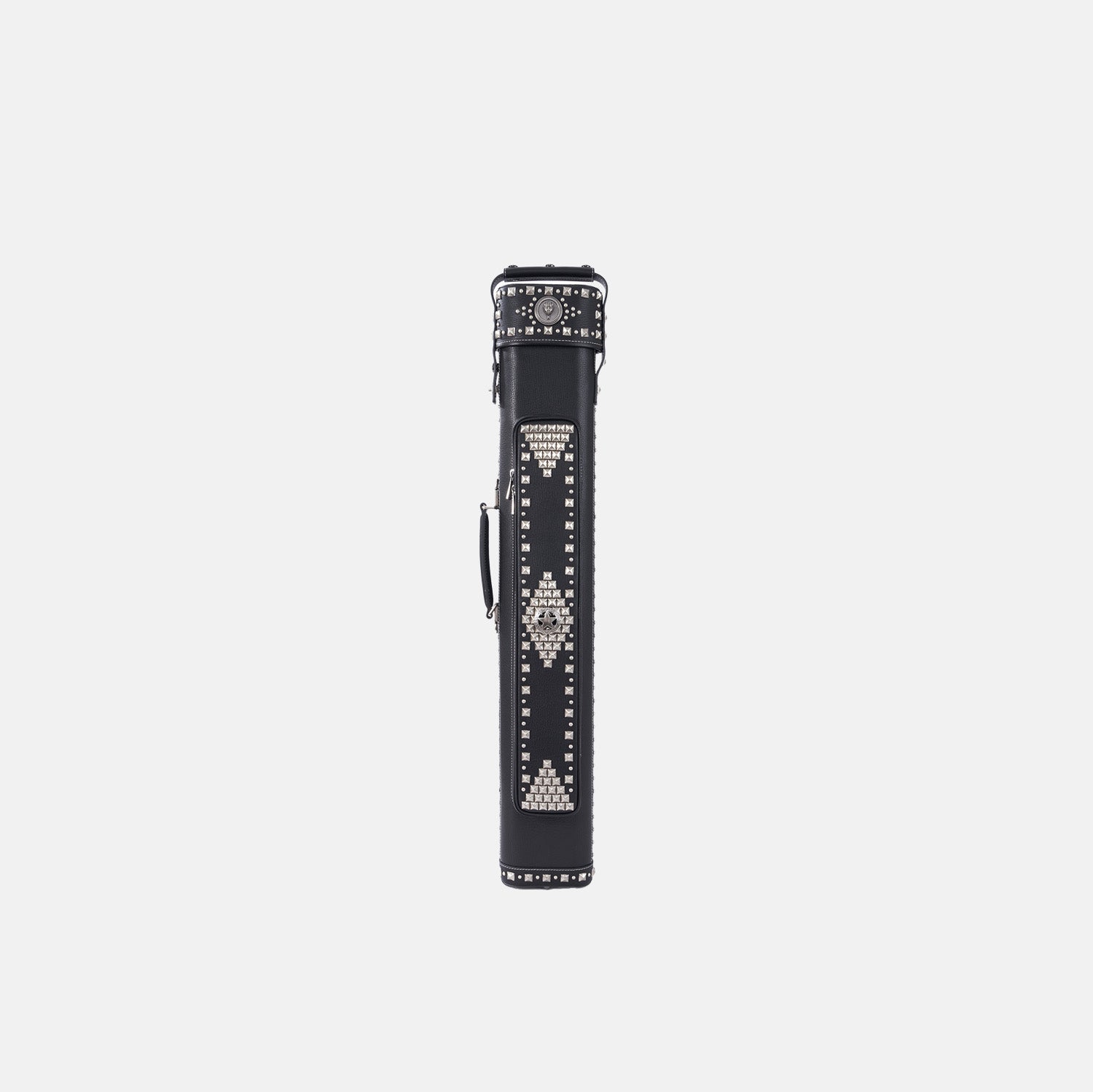 Black leather cue case featuring intricate gold stud geometric patterns and a vintage design, vertical front view.
