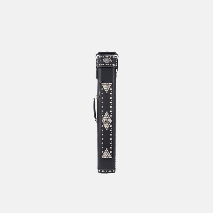 Black leather cue case featuring intricate gold stud geometric patterns and a vintage design, vertical front view.