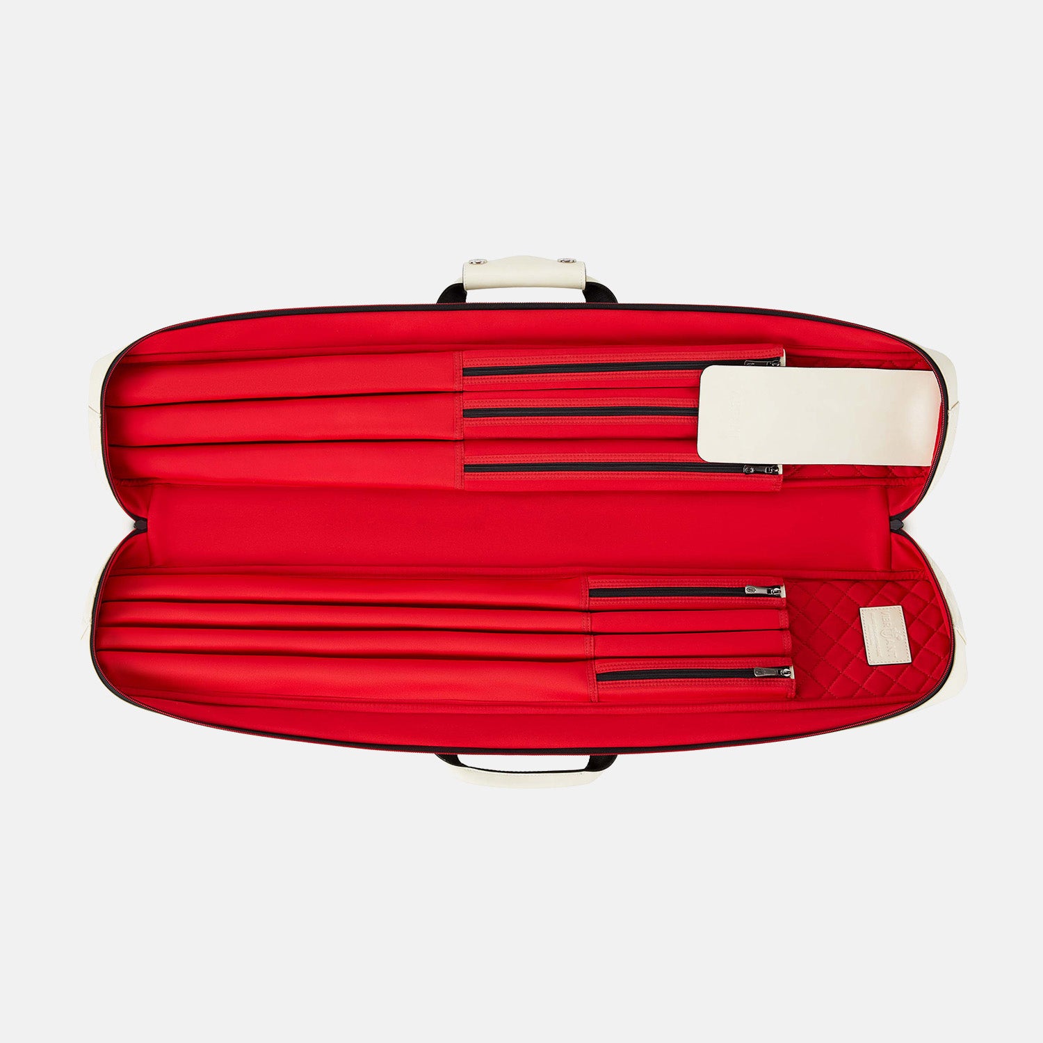 Red Inner tube cue case with a white interior on a light white background