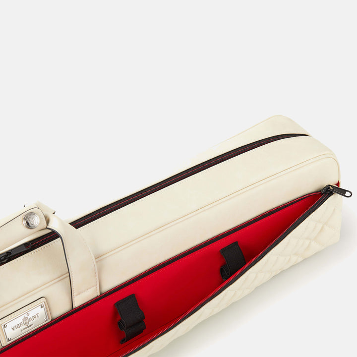 Red Inner tube cue case with a white interior on a light white background