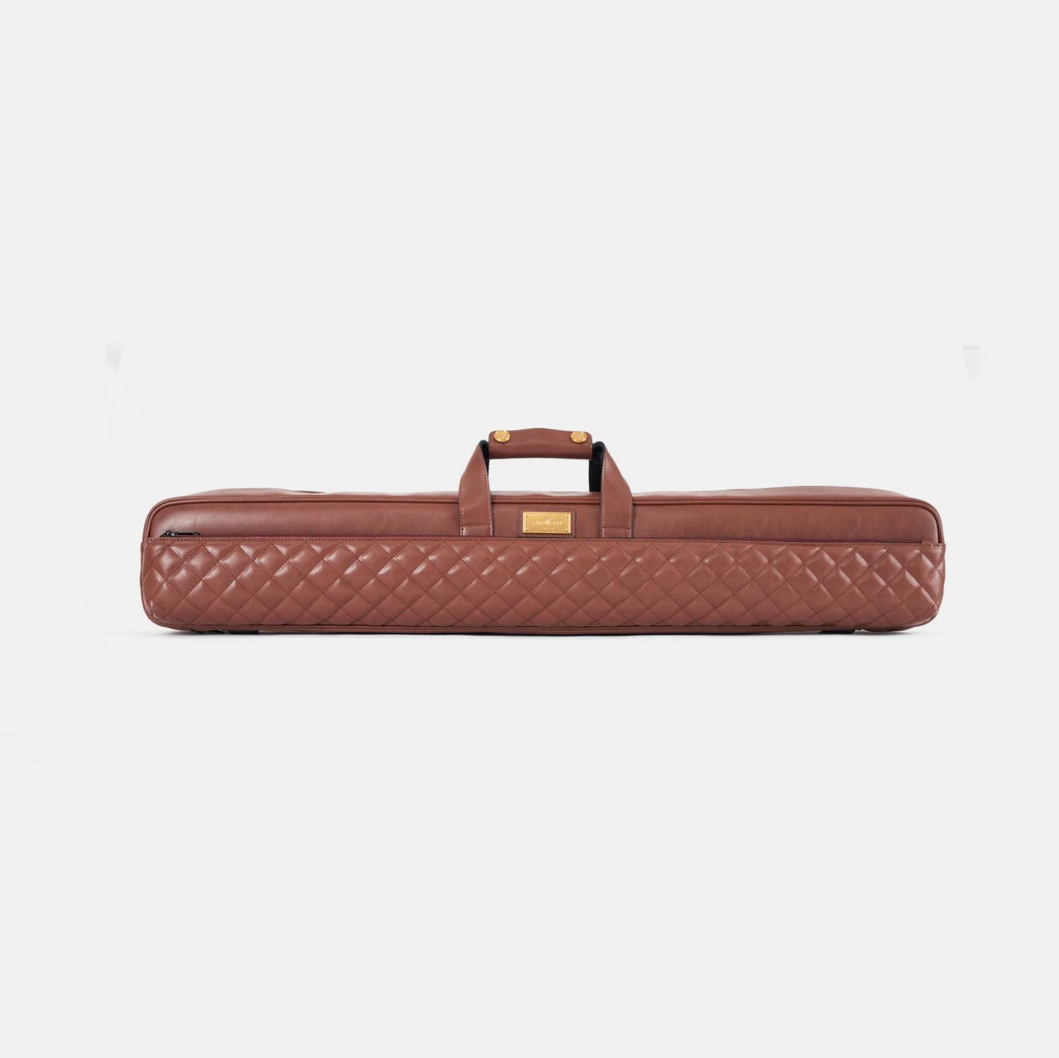 Brown quilted leather cue case on a white background