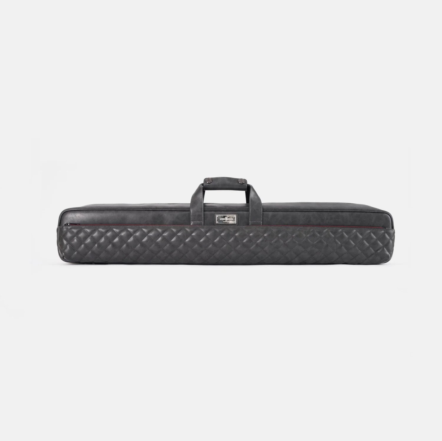 Grey quilted leather cue case on a white background