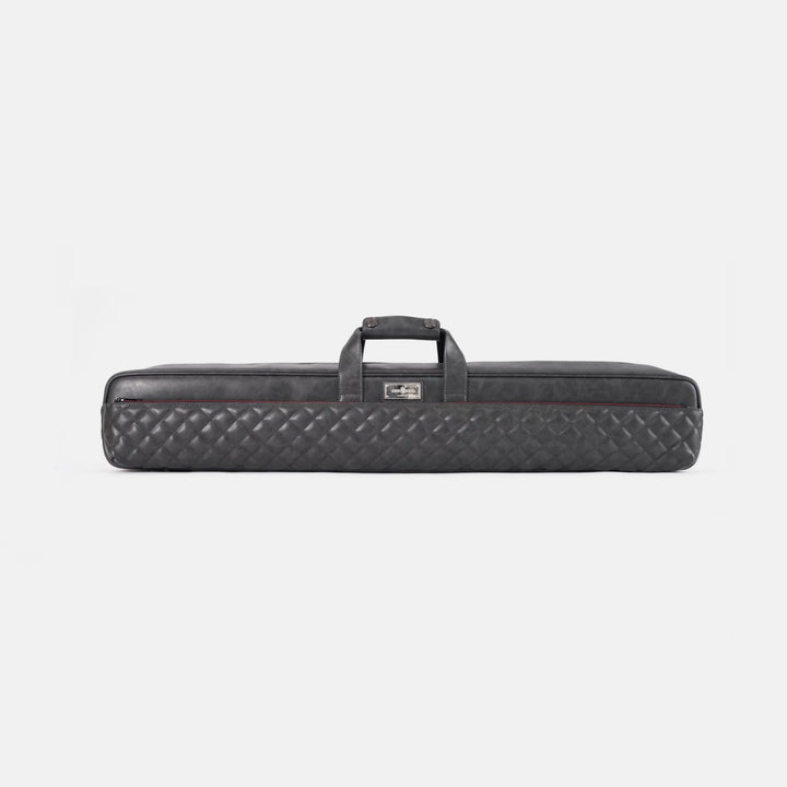 Grey quilted leather cue case on a white background