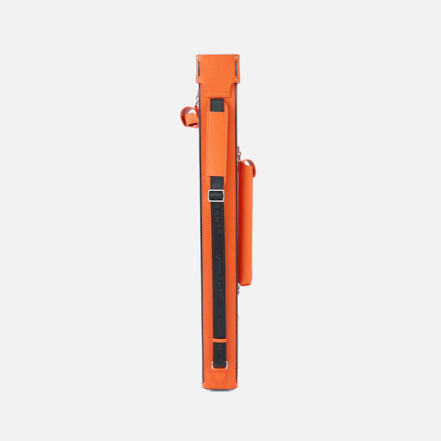 Orange cue case with black accents on a white background