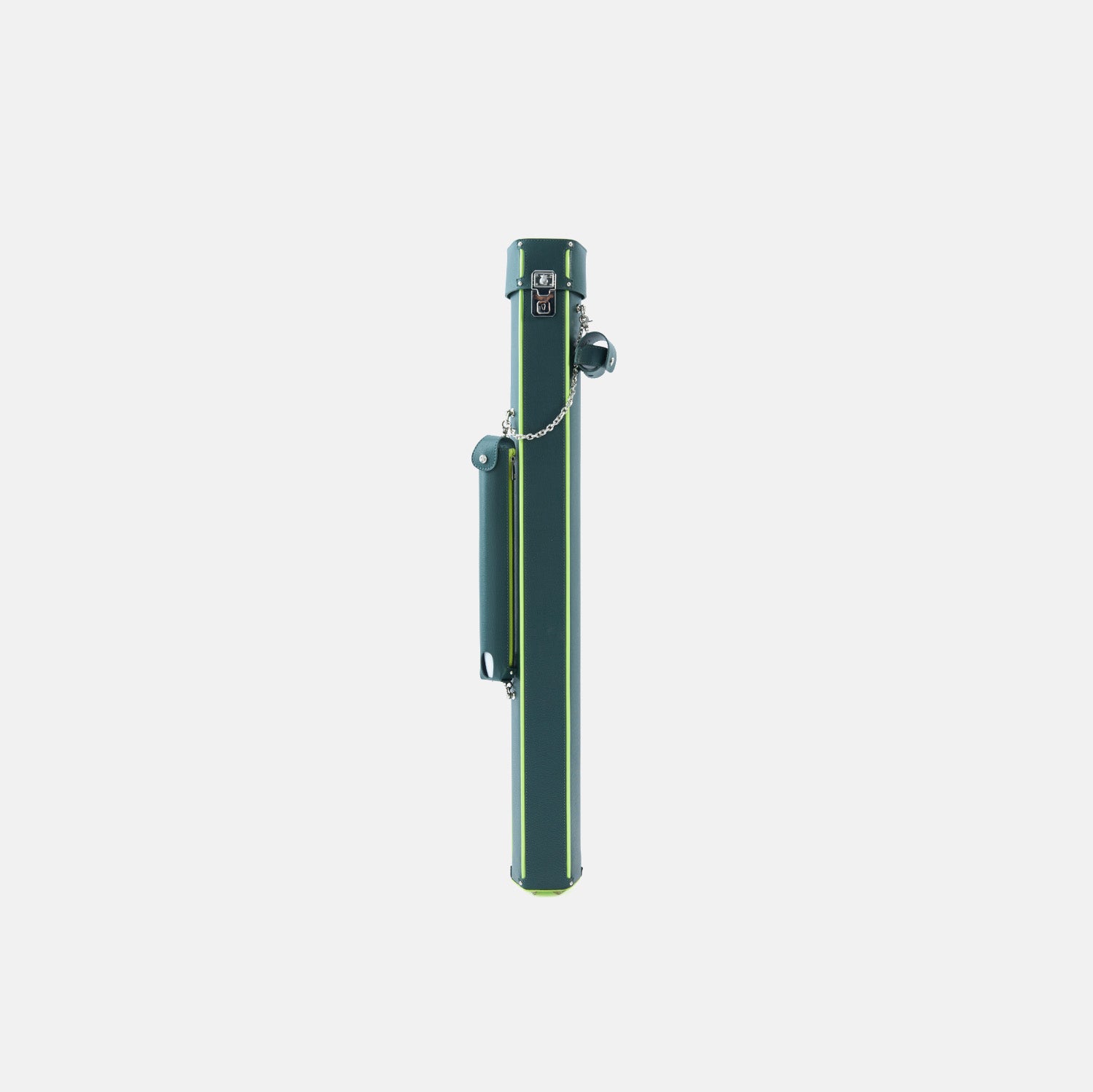 Green pool cue case on a light gray background