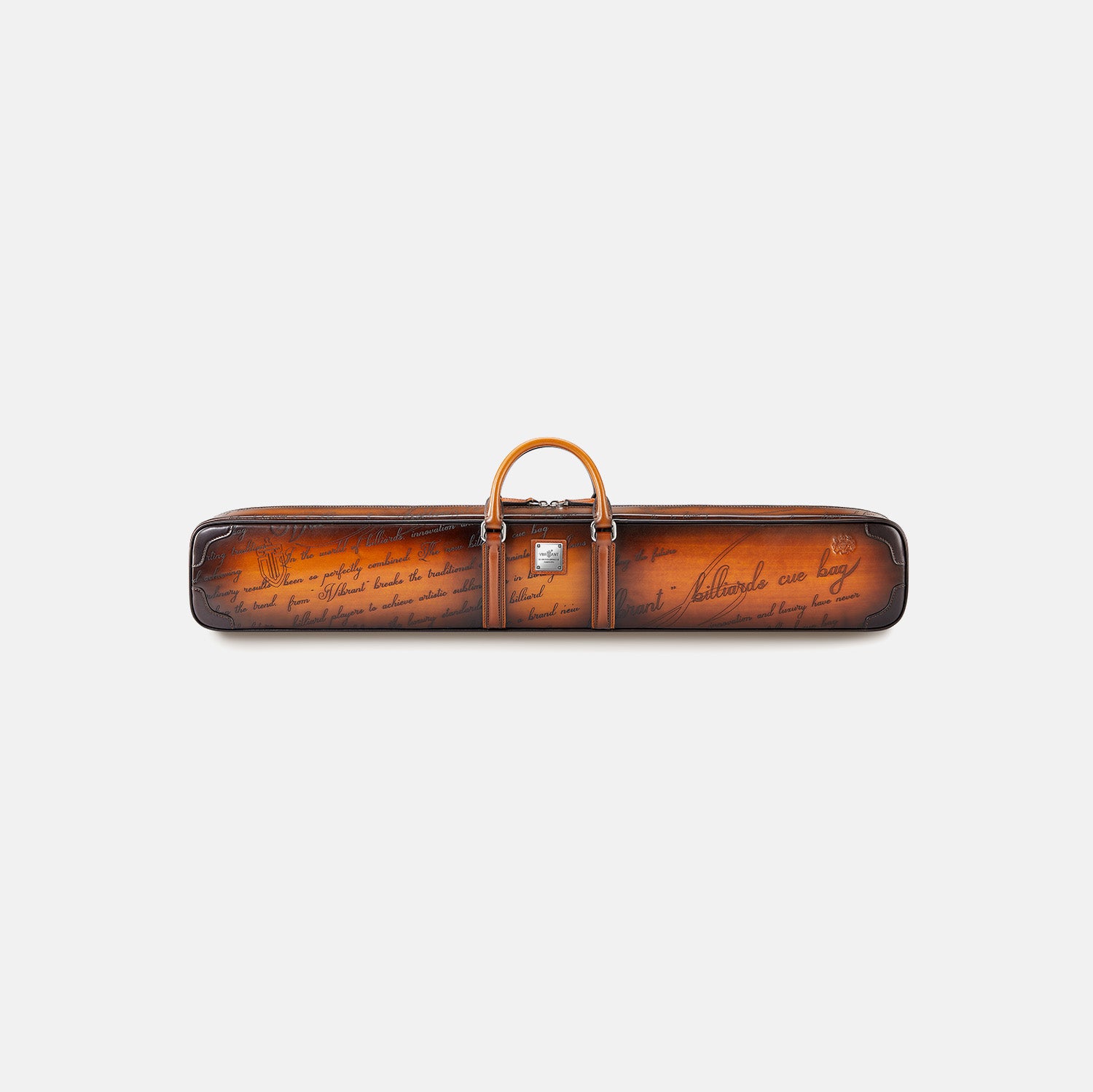 Brown leather cue case with text on a white background