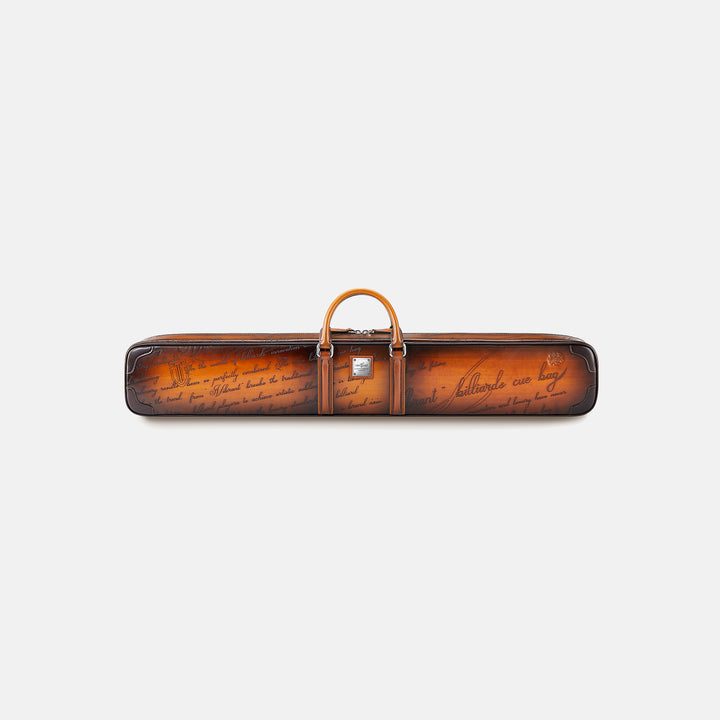 Brown leather cue case with text on a white background