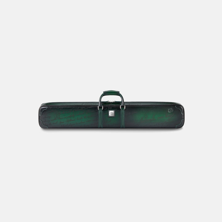 Green leather cue case with engraved text on a white background