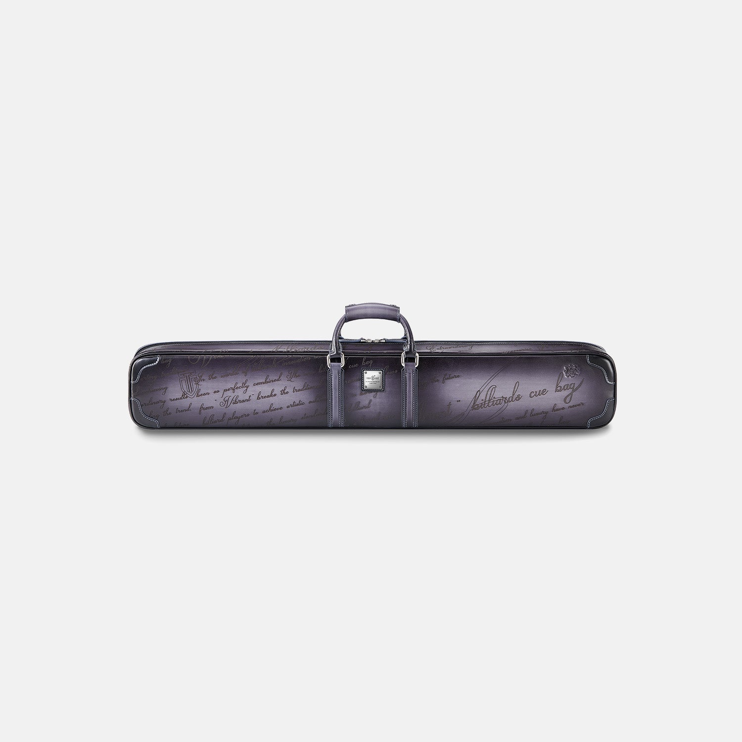 Purple leather cue case with engraved text on a white background