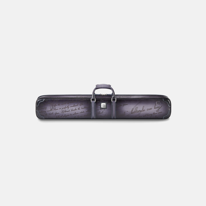 Purple leather cue case with engraved text on a white background