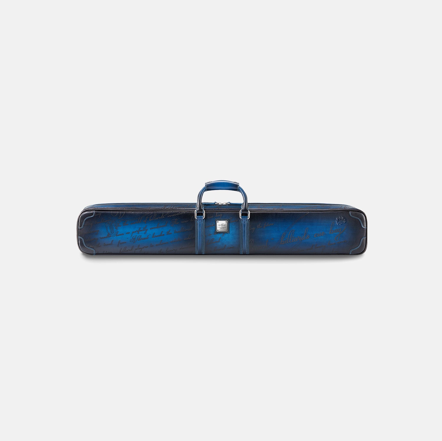 Blue leather cue case with engraved text on a white background