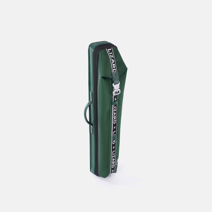 Green cue case with branding on a light gray background