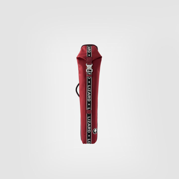 Red cue case with branding on a light gray background
