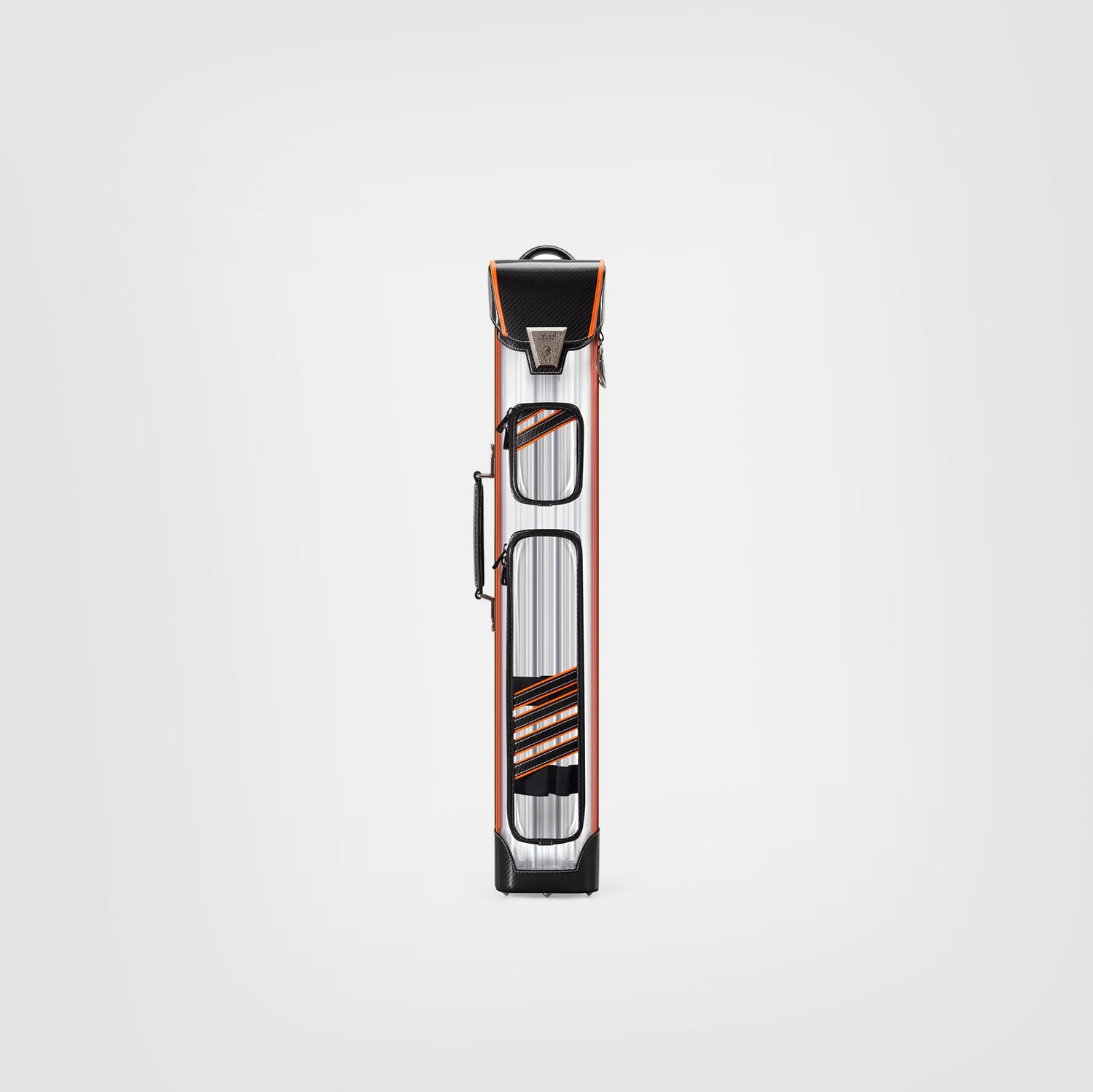 Cue bag with black and orange design on a white background