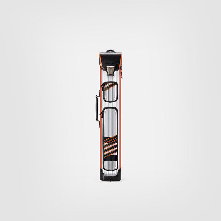 Cue bag with black and orange design on a white background