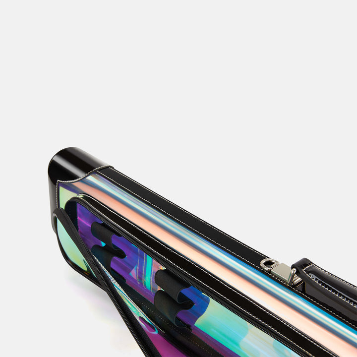 Transparent, multi-colored glossy striped cue case on a white background