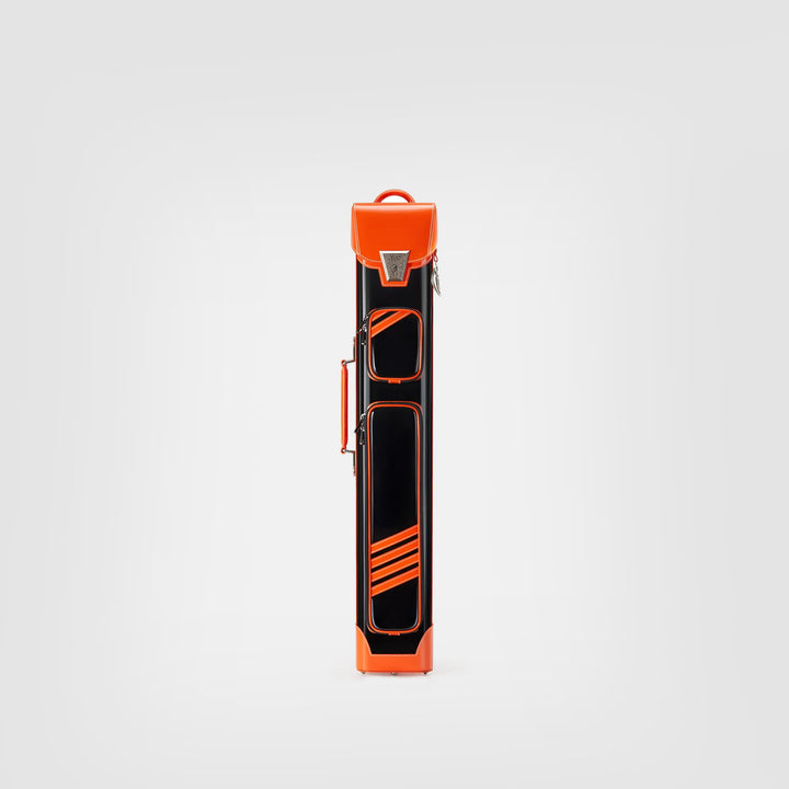 Black and orange pool cue case on a light gray background