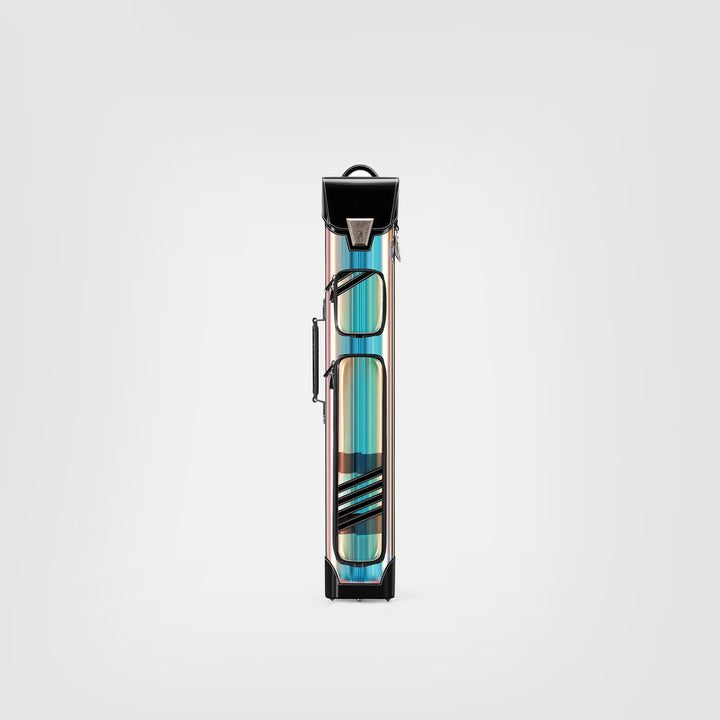 Transparent, multi-colored glossy striped cue case on a white background.