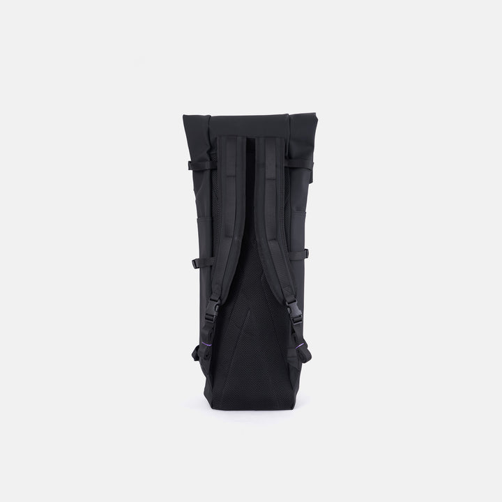 Black and purple geometric-patterned cue bag  on a white background