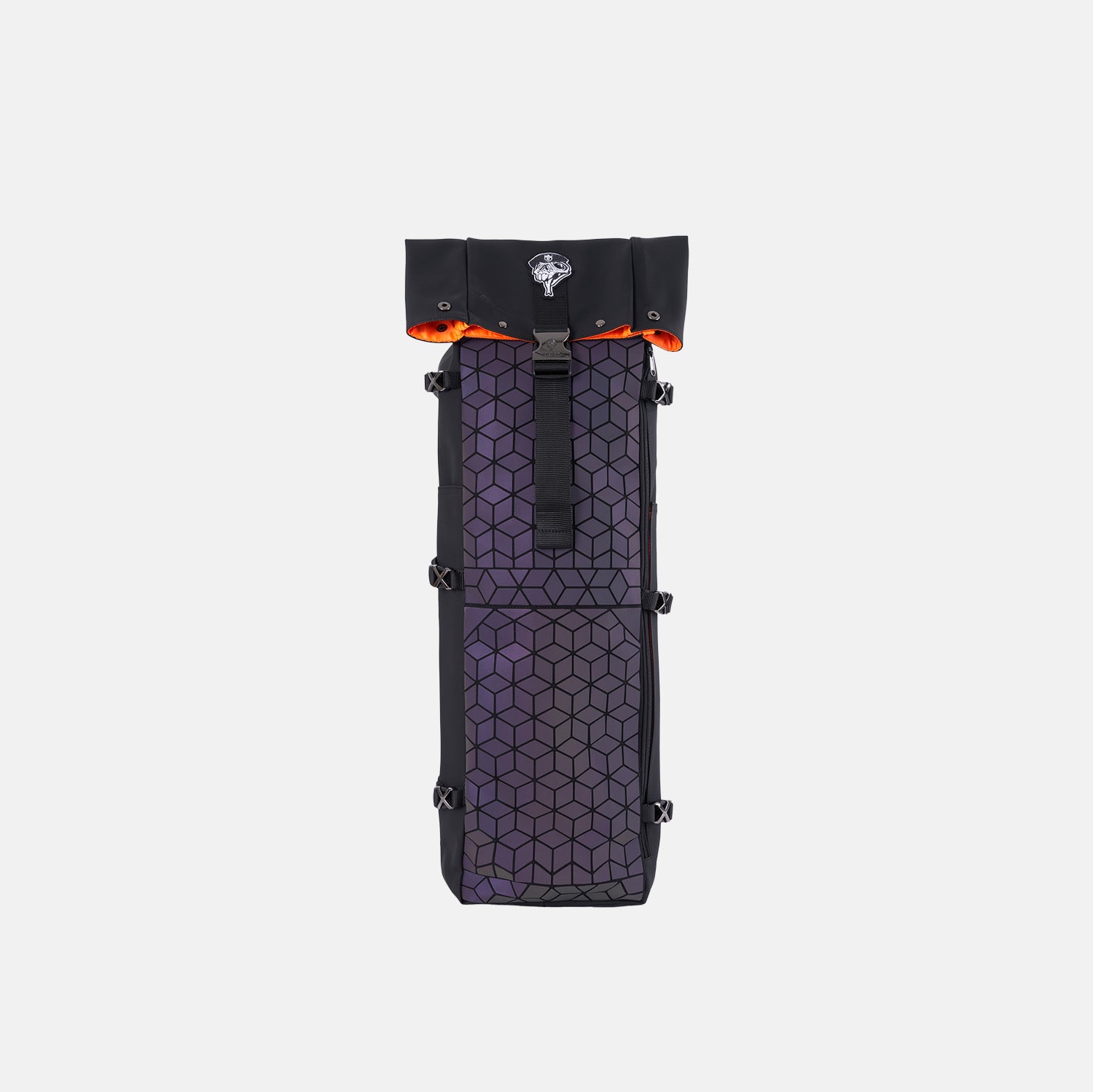 Black and purple geometric-patterned cue bag  on a white background