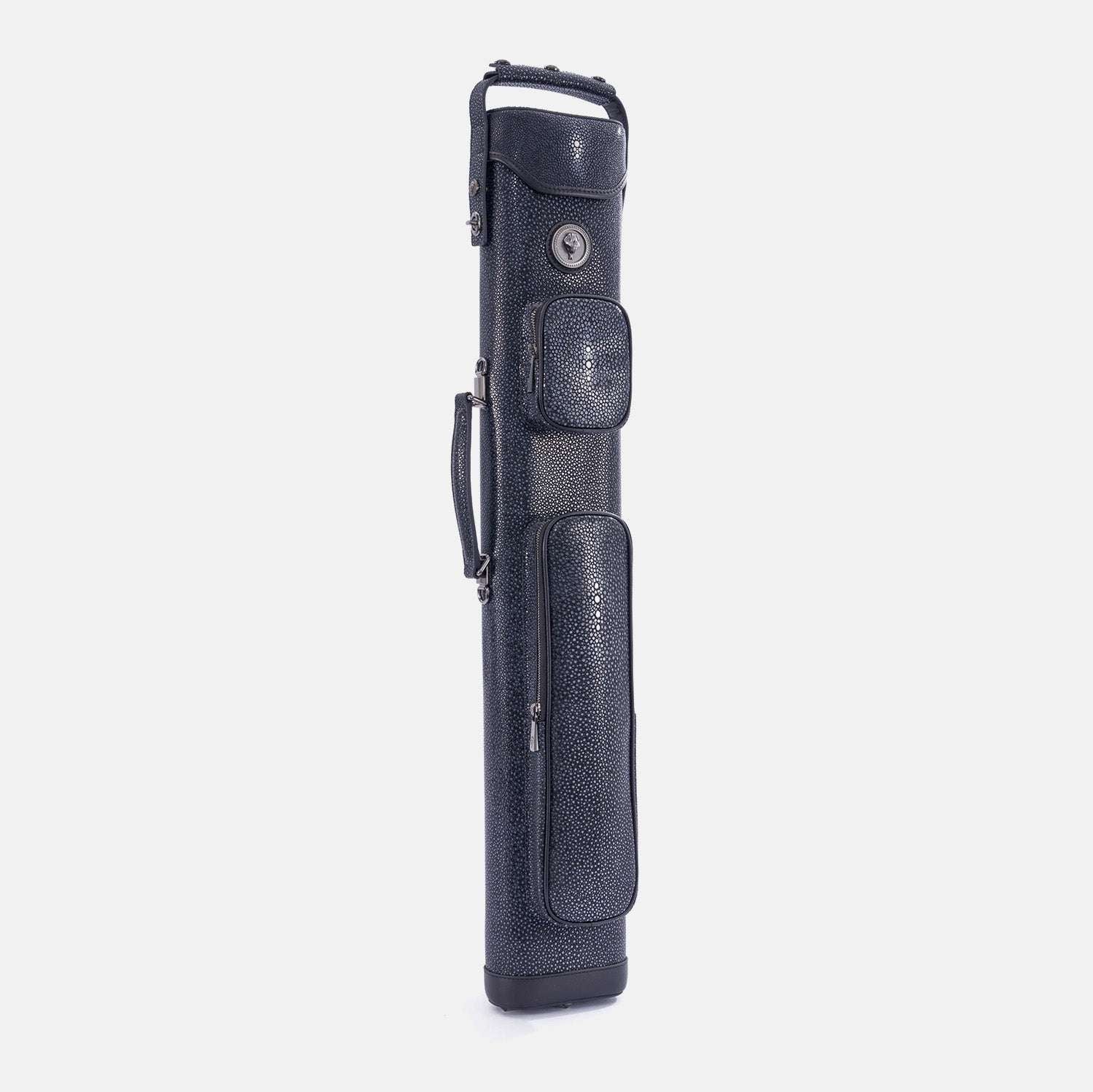 Black billiard cue case on a light gray background