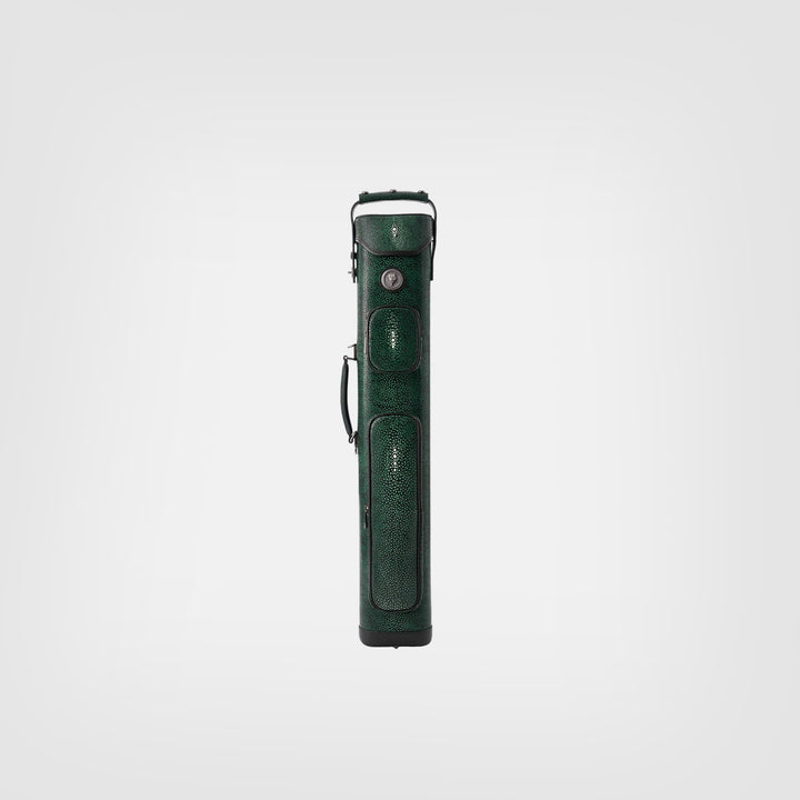 Green pool cue case on a white background