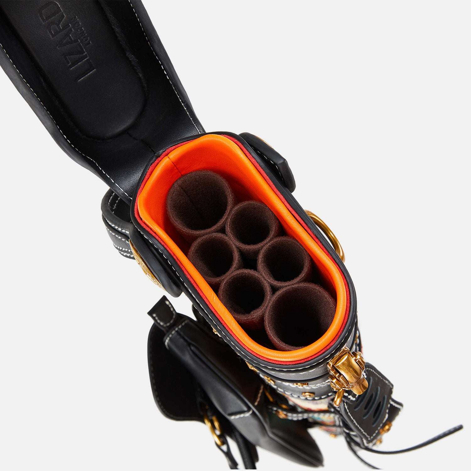 Black and orange cue case with visible brand logo on a white background