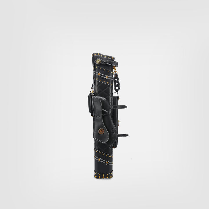 Lizard Bohemian style cue case featuring a black woven textile body, black studded leather trim, and metal star emblems.