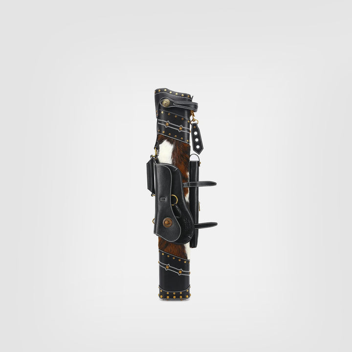 Lizard Bohemian style cue case featuring a brown woven textile body, black studded leather trim, and metal star emblems.