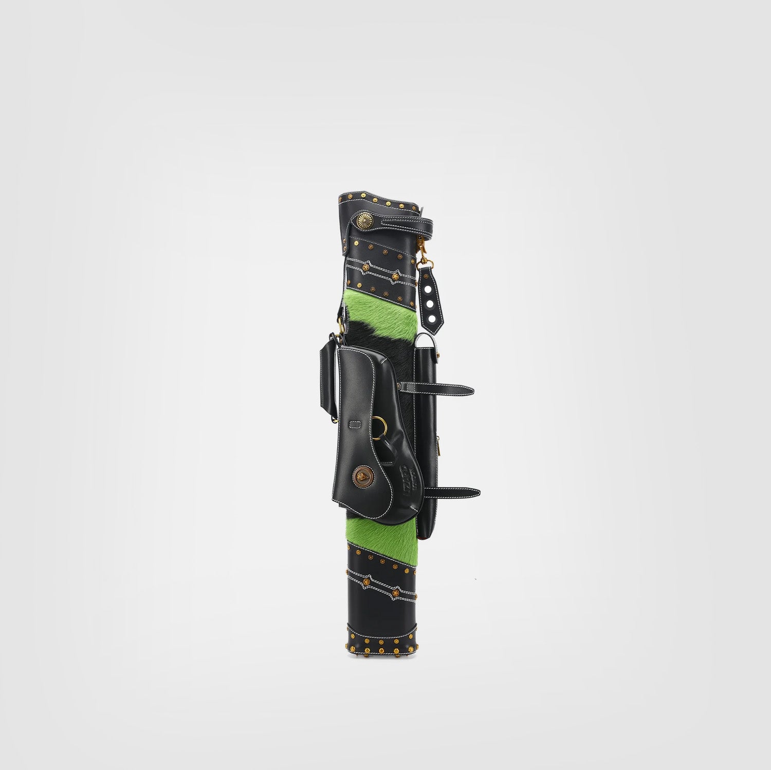 Lizard Bohemian style cue case featuring a green woven textile body, black studded leather trim, and metal star emblems.