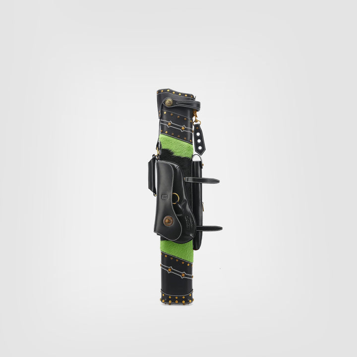 Lizard Bohemian style cue case featuring a green woven textile body, black studded leather trim, and metal star emblems.