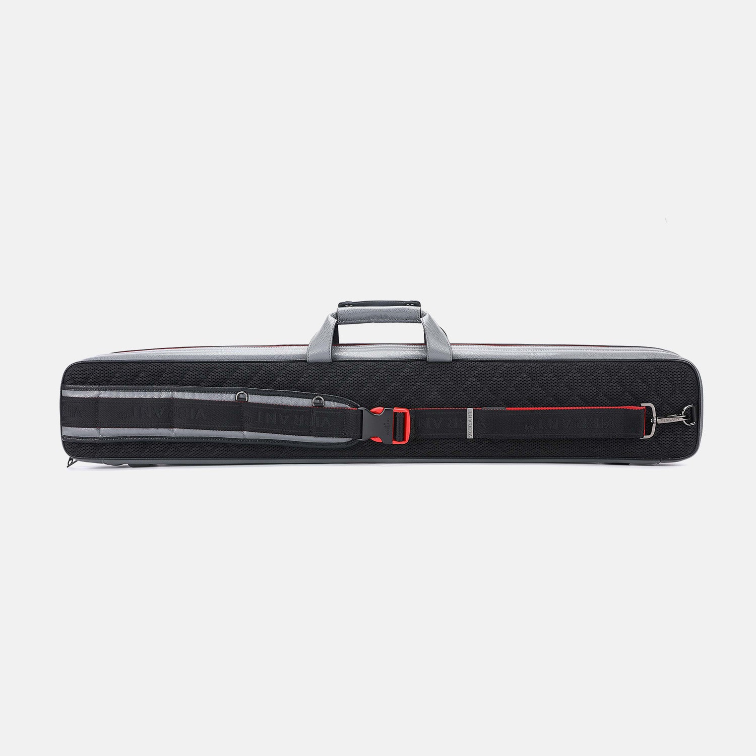 Black and gray cue case with red accents on a white background